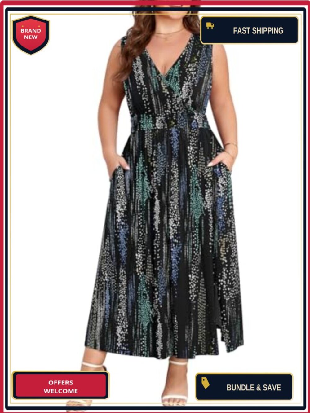 Plus Size Casual Summer Midi Sleeveless V Neck Maxi Dress with Pockets